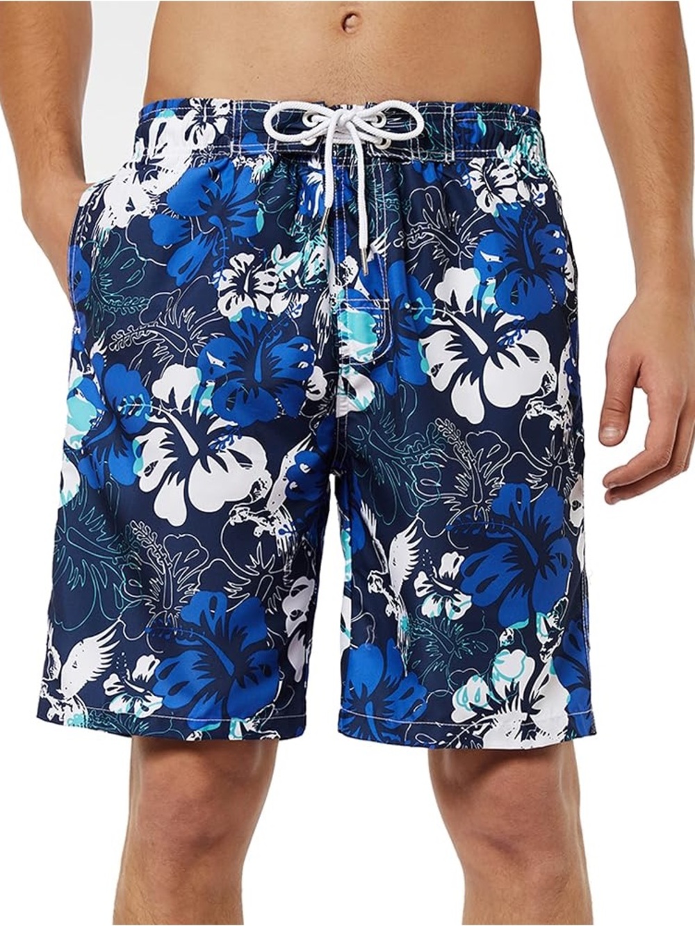 Men's Navy Blue Floral Board Shorts with Drawstring